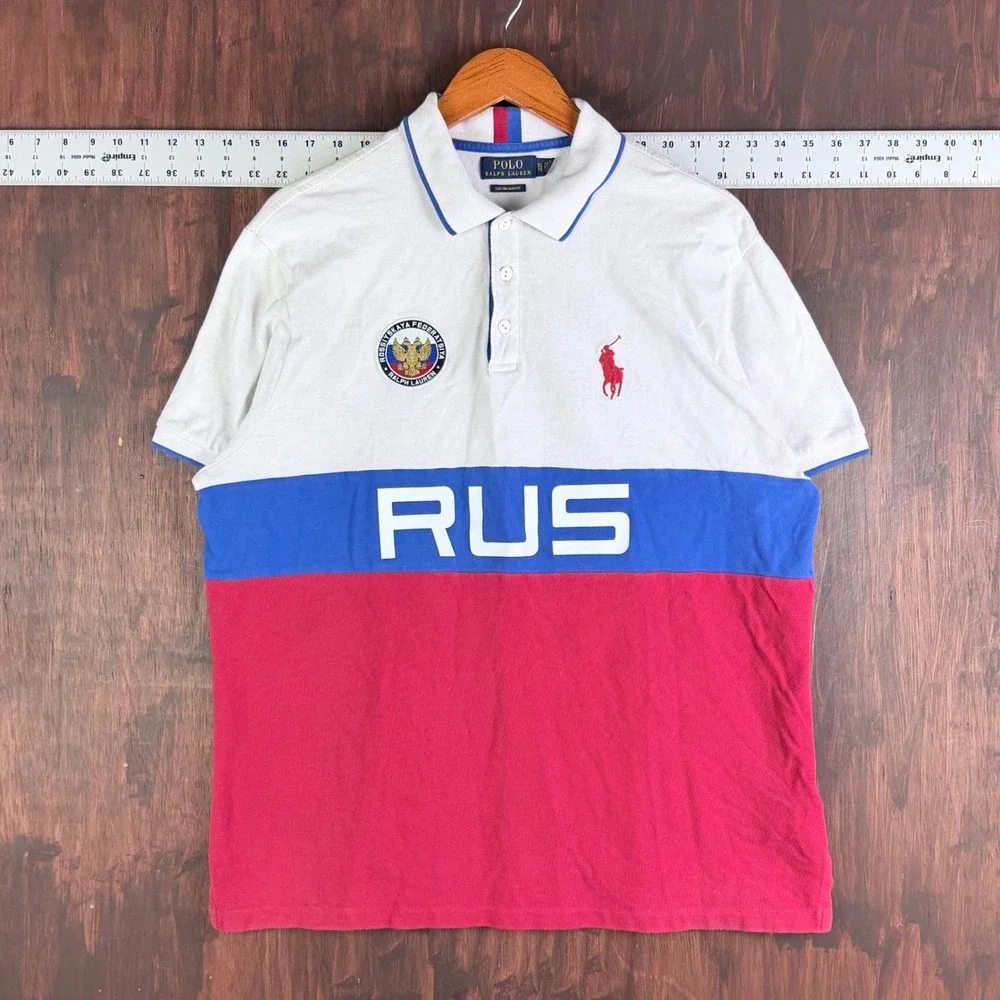 Polo Ralph Lauren Custom Slim Fit Russia RUS Colorblock Polo Shirt Mens XL White